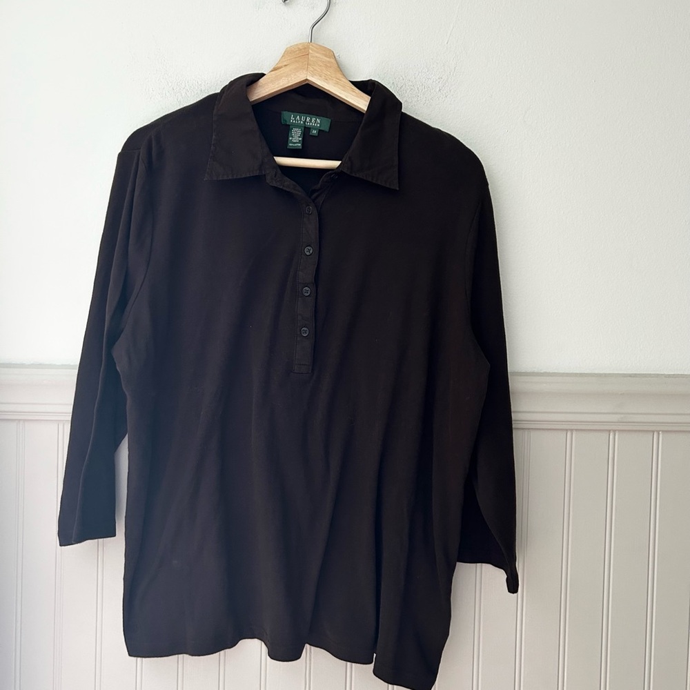 Lauren Ralph Lauren 2X Women's Dark Brown Button Down 3/4 Sleeve Shirt
